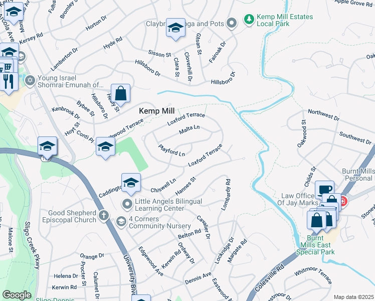 map of restaurants, bars, coffee shops, grocery stores, and more near 905 Playford Lane in Silver Spring