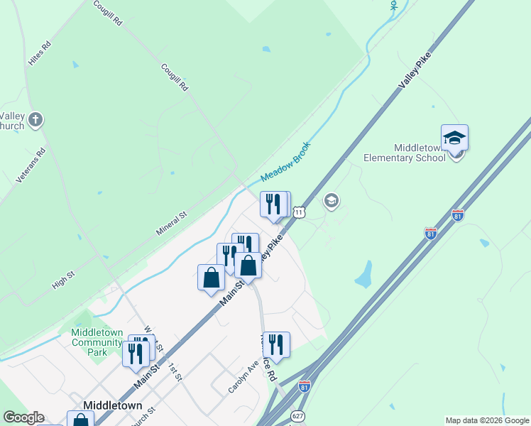 map of restaurants, bars, coffee shops, grocery stores, and more near 7451 Main Street in Middletown