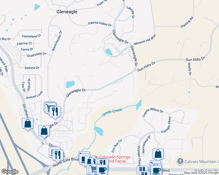 map of restaurants, bars, coffee shops, grocery stores, and more near 14195 Gleneagle Drive in Colorado Springs