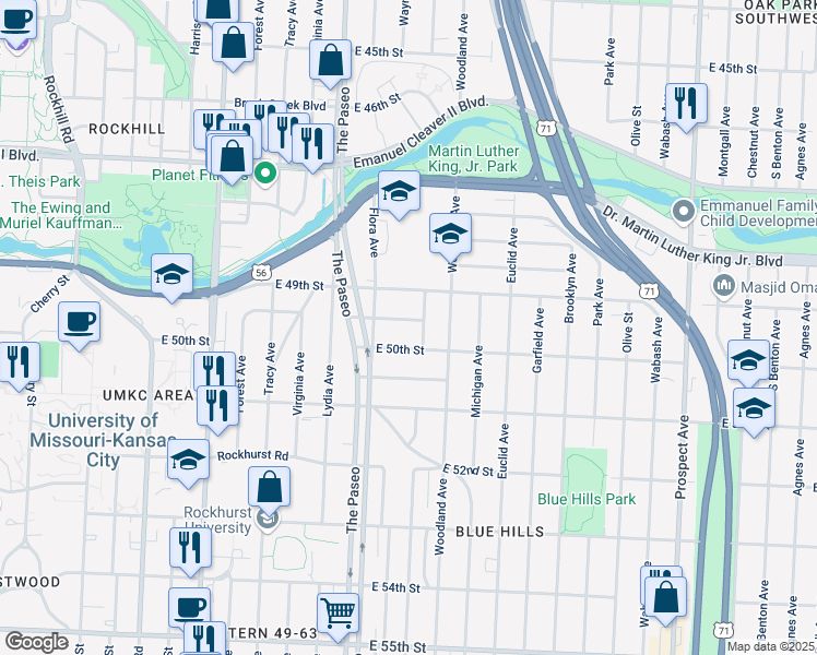 map of restaurants, bars, coffee shops, grocery stores, and more near 1522 East 50th Street in Kansas City