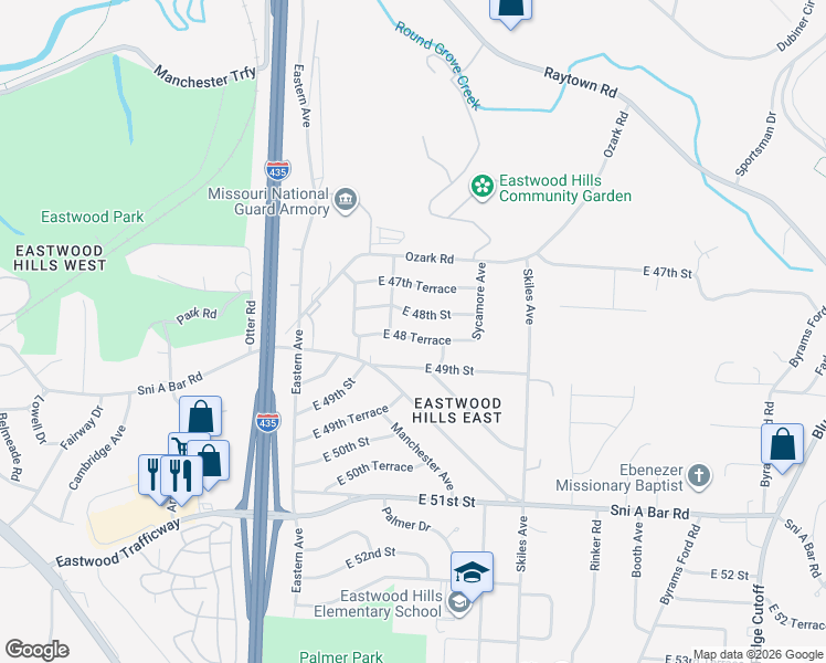 map of restaurants, bars, coffee shops, grocery stores, and more near 7714 East 48 Terrace in Kansas City