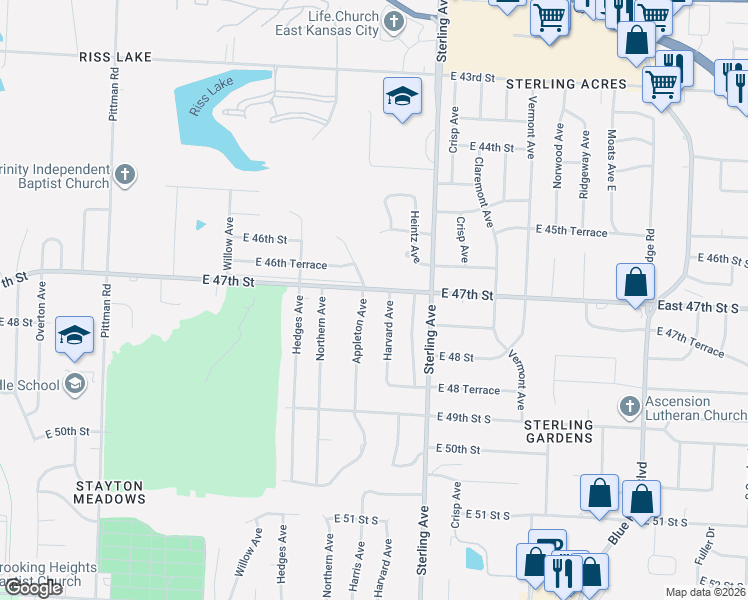 map of restaurants, bars, coffee shops, grocery stores, and more near 4718 Harvard Avenue in Kansas City