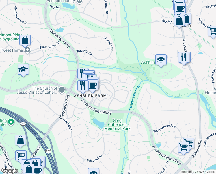 map of restaurants, bars, coffee shops, grocery stores, and more near 20952 Timber Ridge Terrace in Ashburn