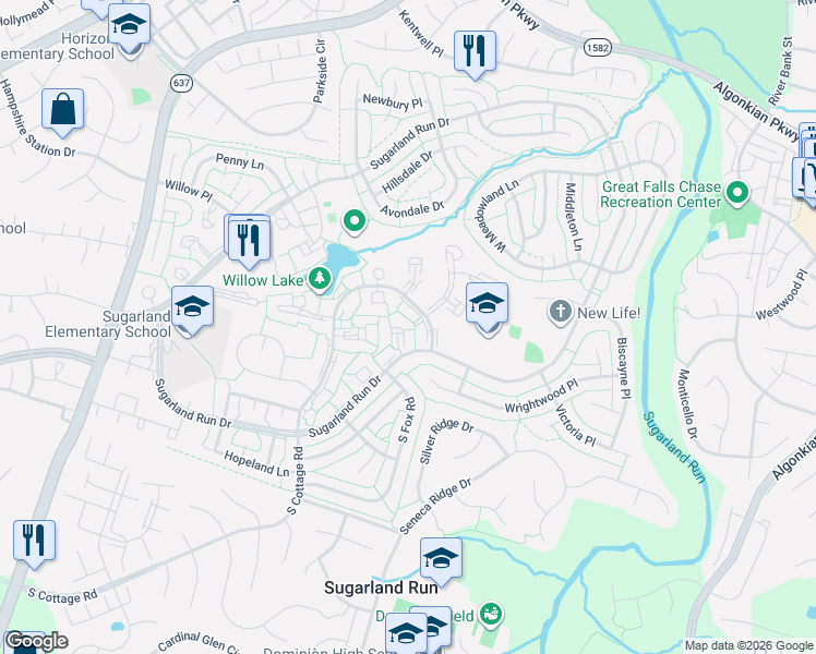 map of restaurants, bars, coffee shops, grocery stores, and more near 16 Carousel Court in Sterling