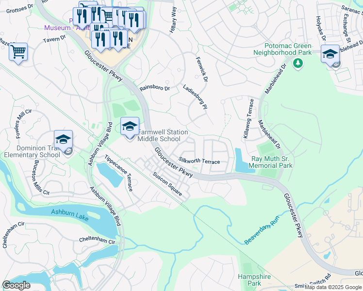 map of restaurants, bars, coffee shops, grocery stores, and more near 20942 Cohasset Terrace in Ashburn