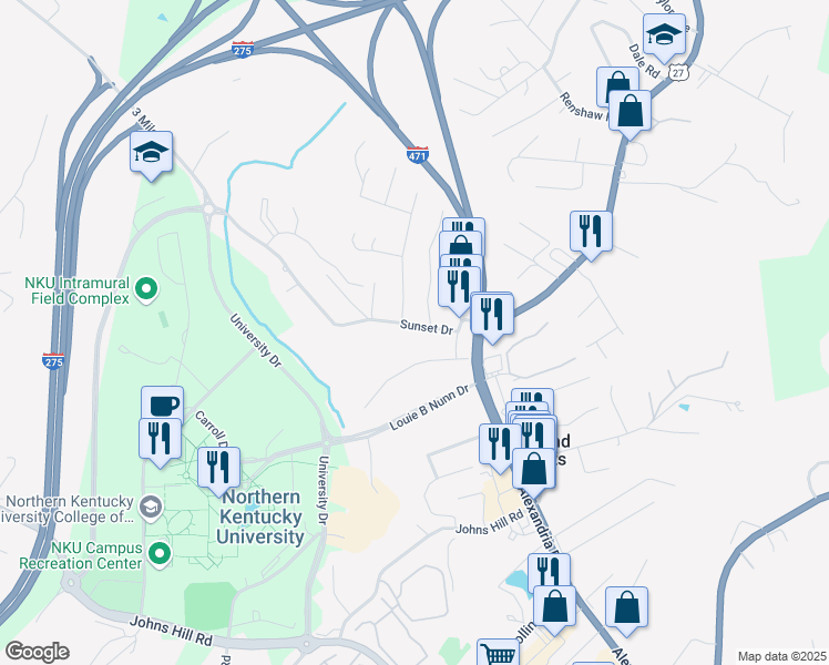 map of restaurants, bars, coffee shops, grocery stores, and more near 214 Sunset Drive in Highland Heights