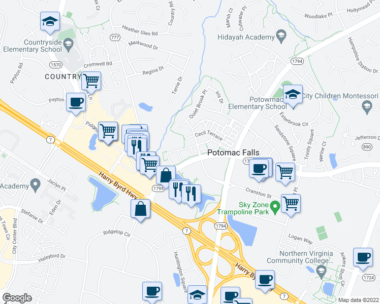 map of restaurants, bars, coffee shops, grocery stores, and more near 20921 Cheyenne Terrace in Sterling