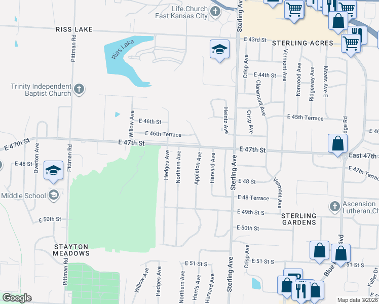 map of restaurants, bars, coffee shops, grocery stores, and more near 4712 Appleton Avenue in Kansas City
