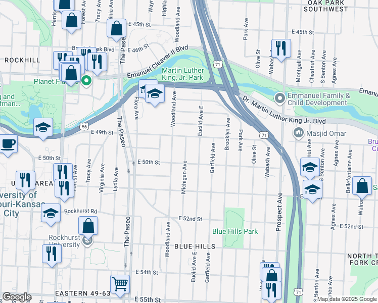 map of restaurants, bars, coffee shops, grocery stores, and more near 4925 Michigan Avenue in Kansas City