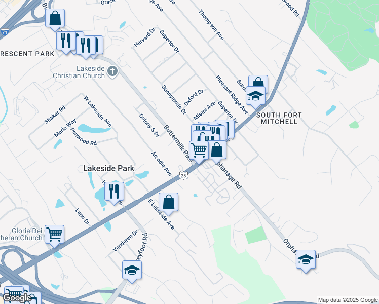 map of restaurants, bars, coffee shops, grocery stores, and more near 9 Buttermilk Pike in Lakeside Park