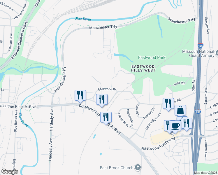 map of restaurants, bars, coffee shops, grocery stores, and more near 4857 Eastwood Drive in Kansas City