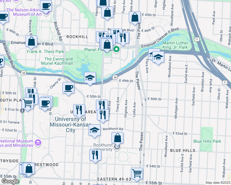 map of restaurants, bars, coffee shops, grocery stores, and more near 4957 Forest Avenue in Kansas City