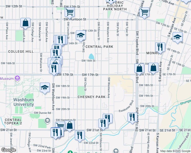 map of restaurants, bars, coffee shops, grocery stores, and more near 1719 Southwest Fillmore Street in Topeka