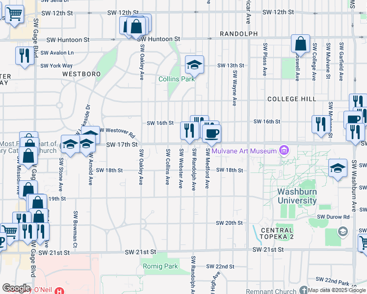map of restaurants, bars, coffee shops, grocery stores, and more near 1724 Southwest Webster Avenue in Topeka