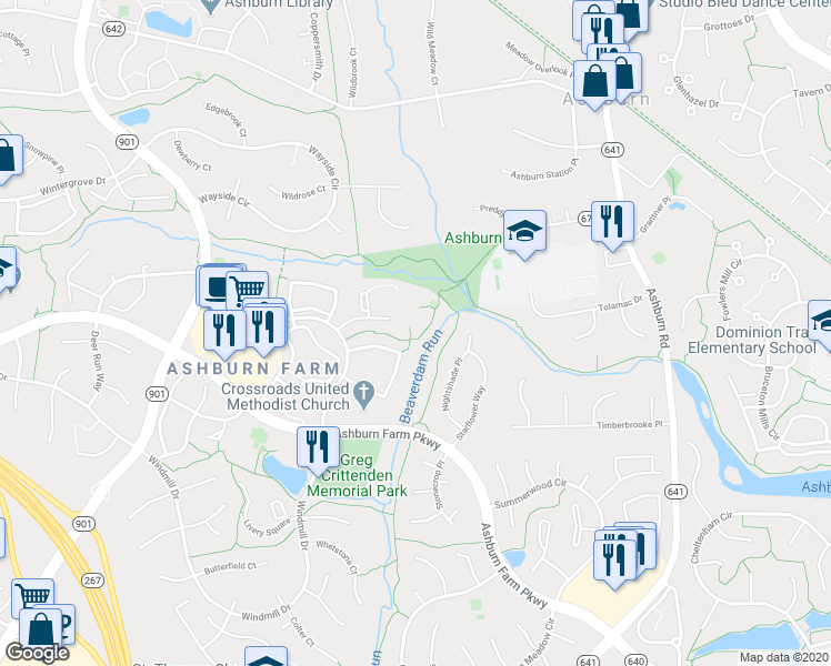 map of restaurants, bars, coffee shops, grocery stores, and more near 43535 Plantation Terrace in Ashburn