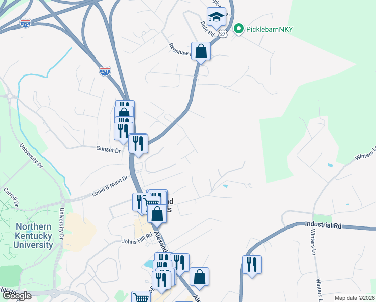 map of restaurants, bars, coffee shops, grocery stores, and more near 15 5th Avenue in Highland Heights