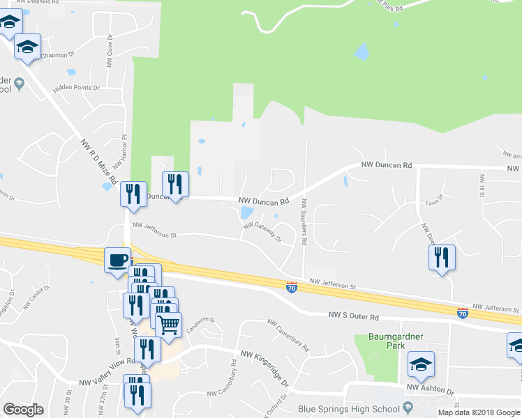 map of restaurants, bars, coffee shops, grocery stores, and more near 1619 Northwest Samantha Court in Blue Springs