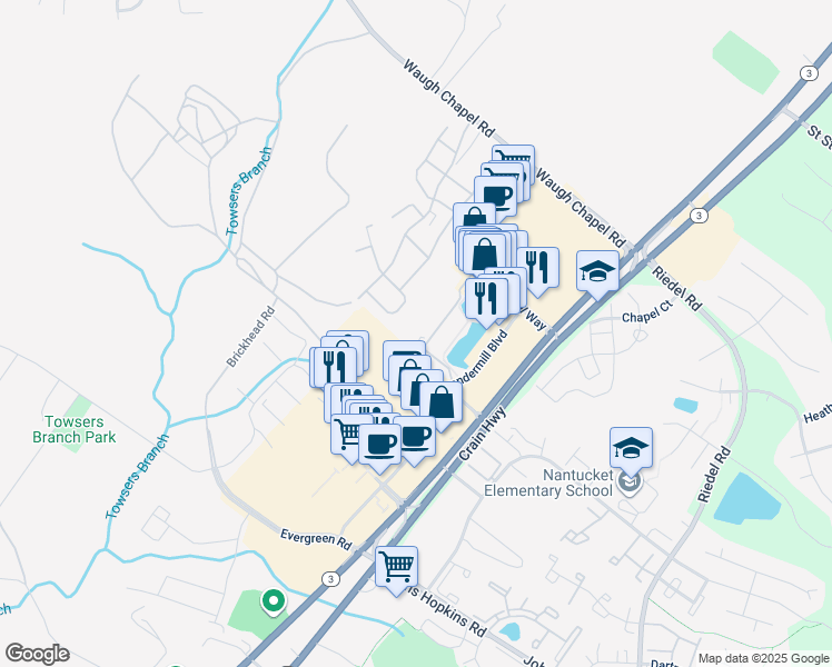 map of restaurants, bars, coffee shops, grocery stores, and more near 2604 Chapel Lake Drive in Gambrills