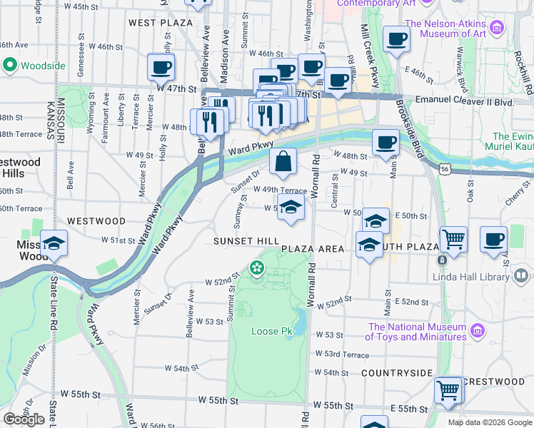 map of restaurants, bars, coffee shops, grocery stores, and more near 605 West 50th Street in Kansas City