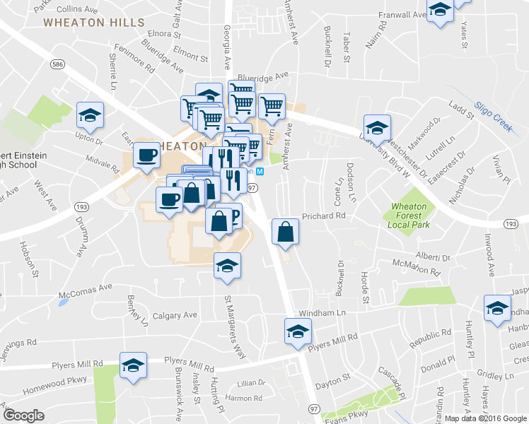 map of restaurants, bars, coffee shops, grocery stores, and more near 11101 Georgia Avenue in Silver Spring