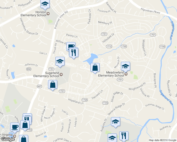 map of restaurants, bars, coffee shops, grocery stores, and more near 13 Carolina Court in Sterling
