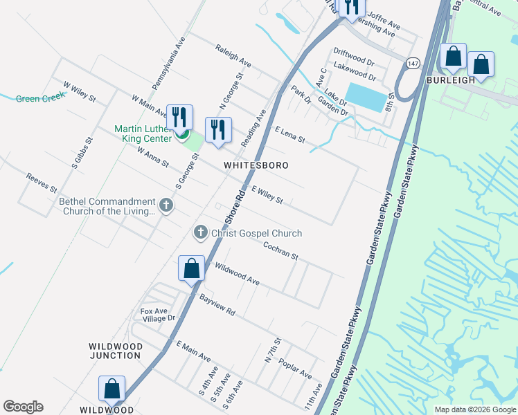map of restaurants, bars, coffee shops, grocery stores, and more near 105 East Anna Street in Middle Township
