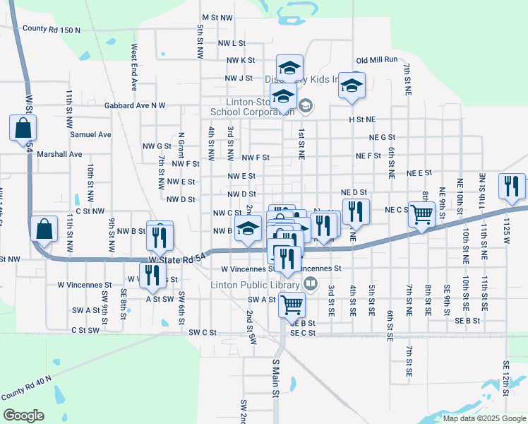 map of restaurants, bars, coffee shops, grocery stores, and more near 1st Street Northwest in Linton