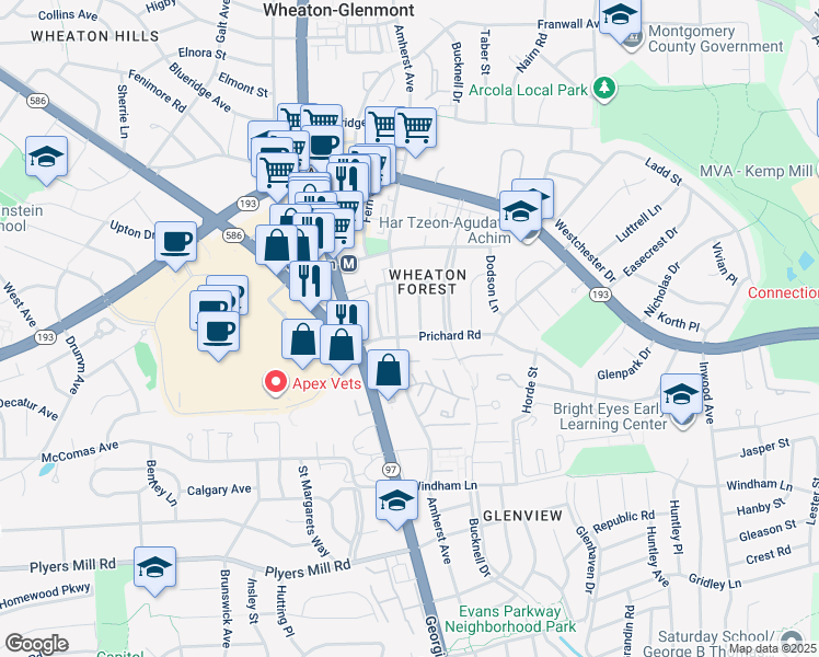 map of restaurants, bars, coffee shops, grocery stores, and more near 2209 Prichard Road in Silver Spring
