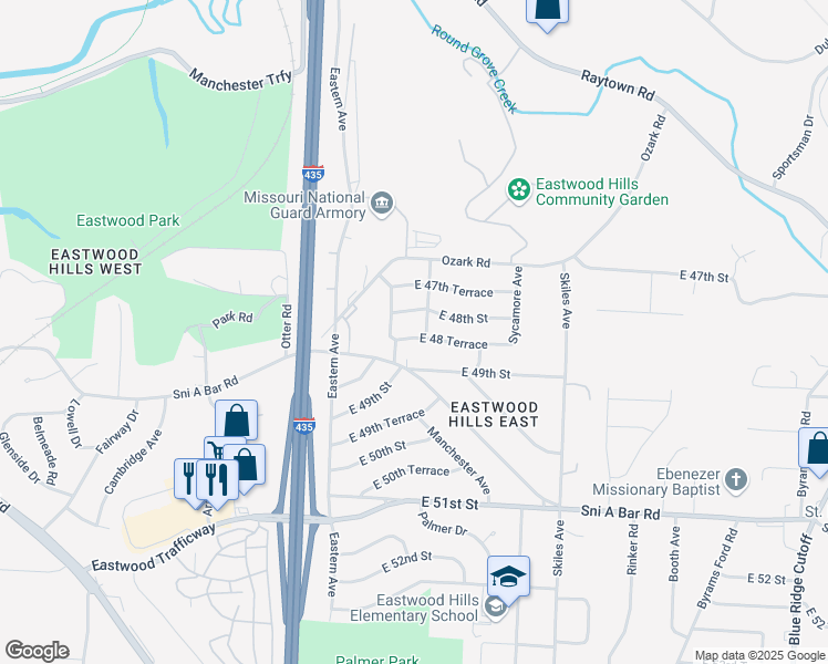 map of restaurants, bars, coffee shops, grocery stores, and more near 7612 East 48 Terrace in Kansas City