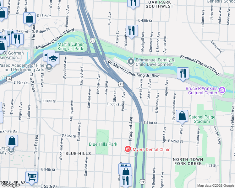 map of restaurants, bars, coffee shops, grocery stores, and more near 2398 East 49th Street in Kansas City