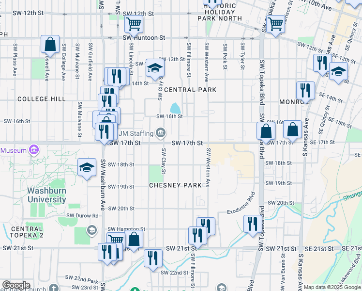 map of restaurants, bars, coffee shops, grocery stores, and more near 1635 Southwest Fillmore Street in Topeka