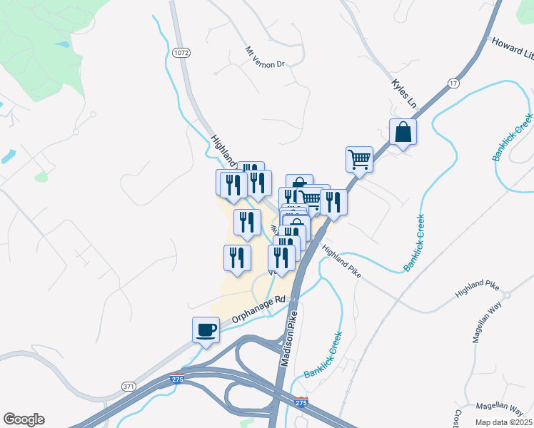 map of restaurants, bars, coffee shops, grocery stores, and more near 1975 Highland Pike in Fort Wright