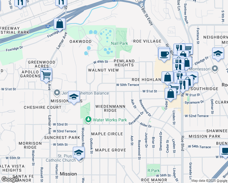 map of restaurants, bars, coffee shops, grocery stores, and more near 6200 West 51st Street in Mission