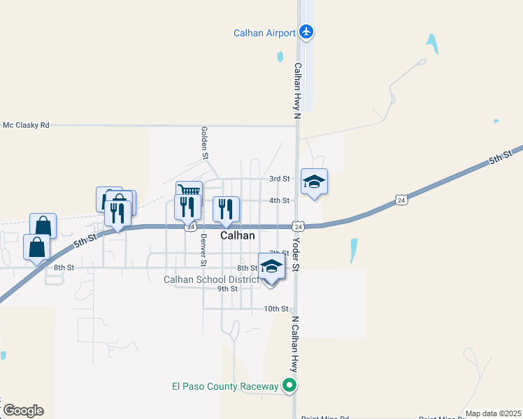 map of restaurants, bars, coffee shops, grocery stores, and more near 406 Cheyenne Street in Calhan