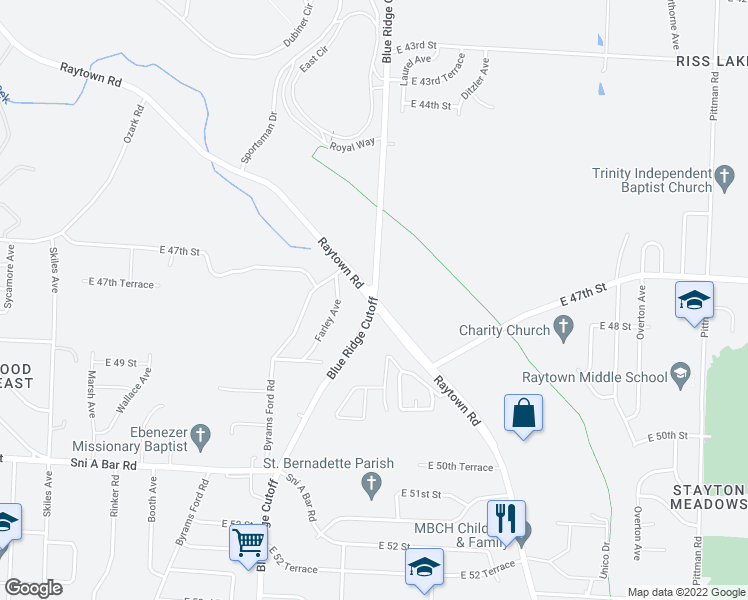 map of restaurants, bars, coffee shops, grocery stores, and more near Raytown Road & Blue Ridge Cutoff in Kansas City