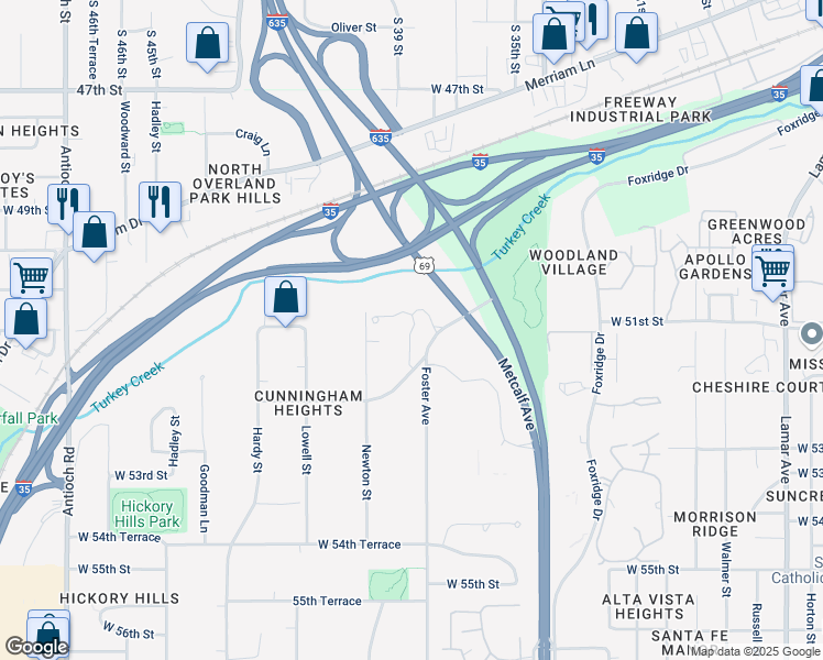 map of restaurants, bars, coffee shops, grocery stores, and more near 5101 Conser in Overland Park