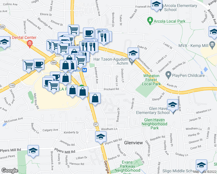 map of restaurants, bars, coffee shops, grocery stores, and more near 2201 Prichard Road in Silver Spring