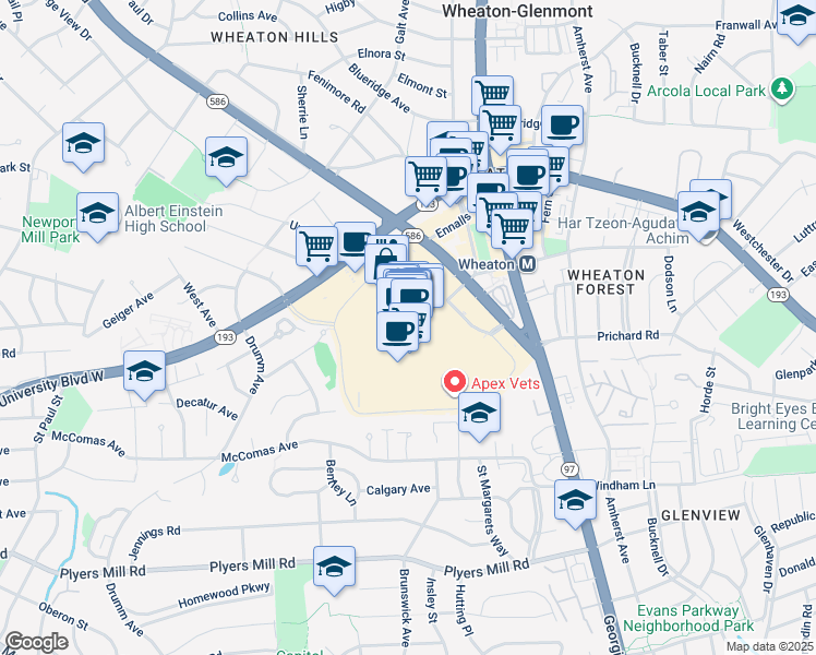 map of restaurants, bars, coffee shops, grocery stores, and more near 11160 Veirs Mill Road in Wheaton-Glenmont