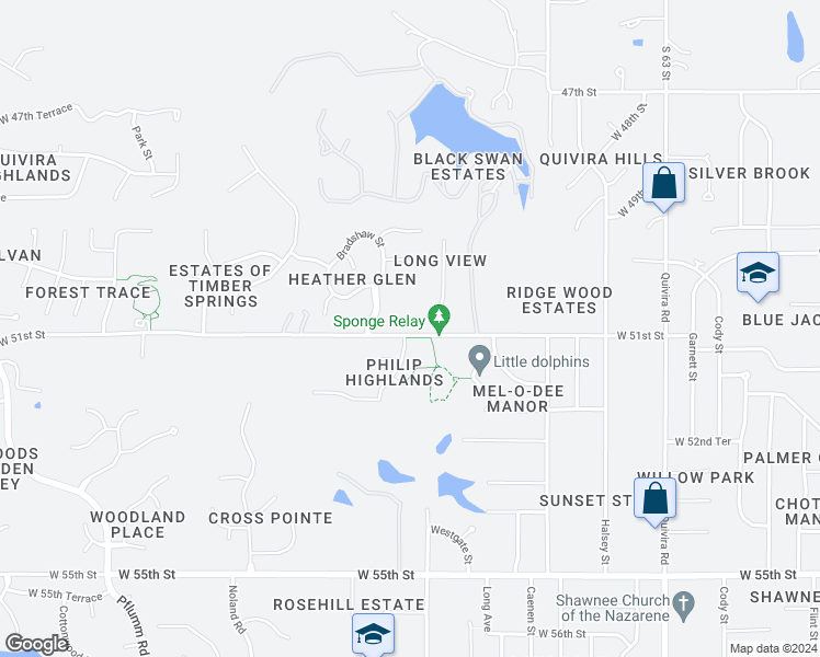 map of restaurants, bars, coffee shops, grocery stores, and more near 12712 West 51st Street in Shawnee