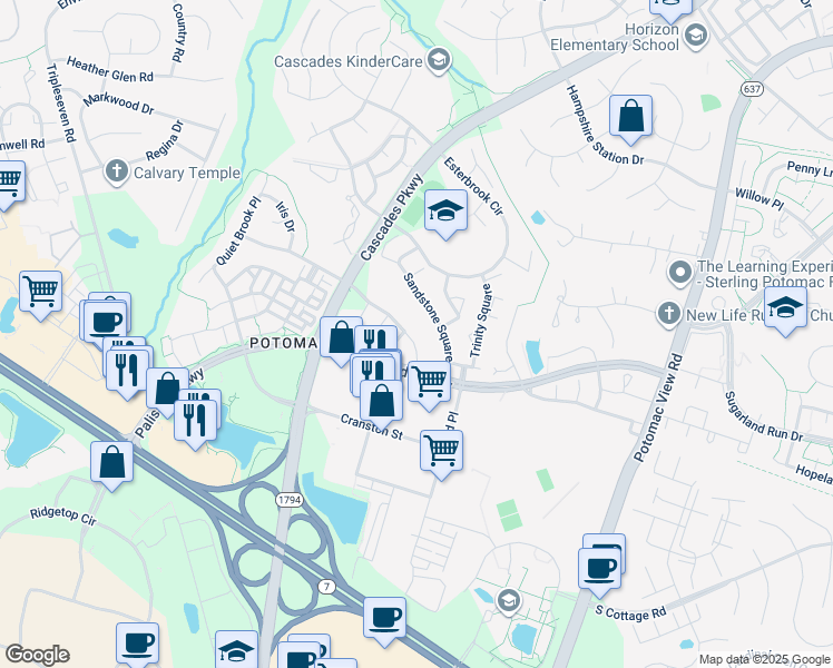 map of restaurants, bars, coffee shops, grocery stores, and more near 46330 Summerhill Place in Sterling
