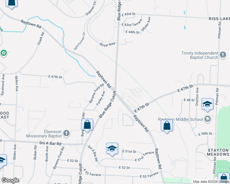 map of restaurants, bars, coffee shops, grocery stores, and more near Raytown Road in Kansas City
