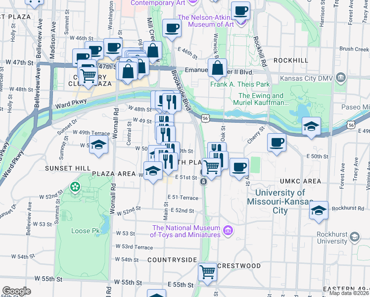map of restaurants, bars, coffee shops, grocery stores, and more near 4925 Walnut Street in Kansas City