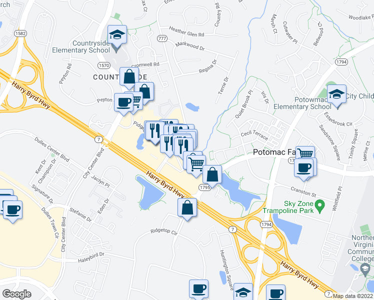 map of restaurants, bars, coffee shops, grocery stores, and more near 45995 Regal Plaza in Sterling