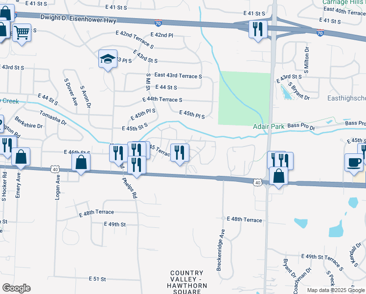 map of restaurants, bars, coffee shops, grocery stores, and more near 2900 Quail Creek Drive in Independence