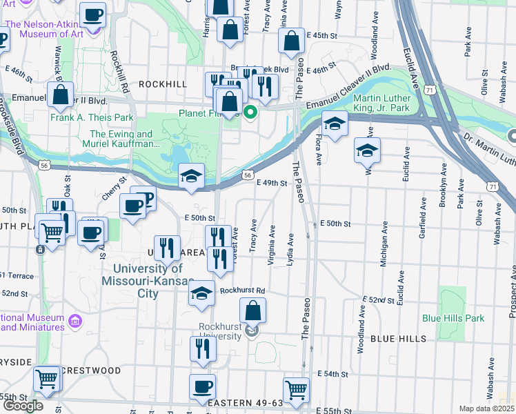 map of restaurants, bars, coffee shops, grocery stores, and more near 1308 East 49th Terrace in Kansas City