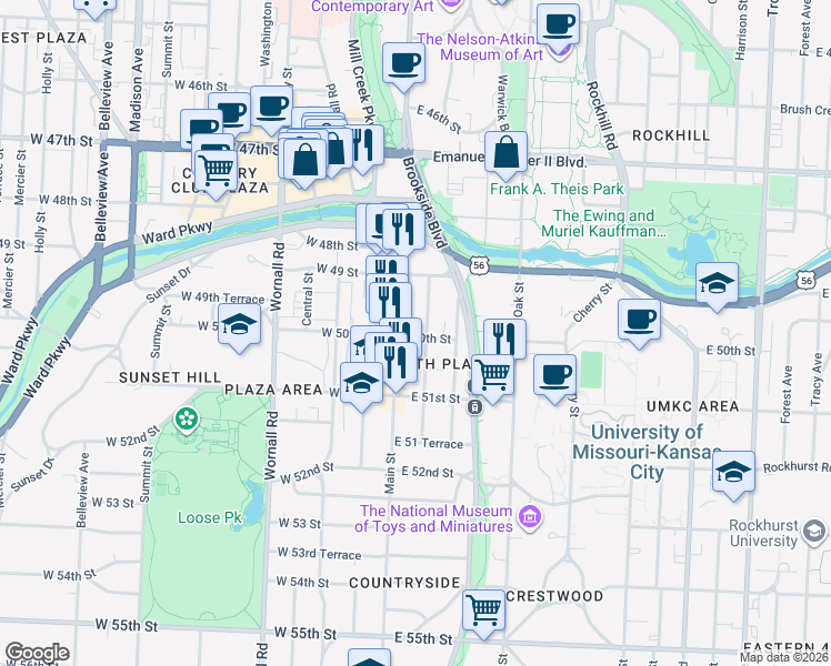 map of restaurants, bars, coffee shops, grocery stores, and more near 4929 Main Street in Kansas City