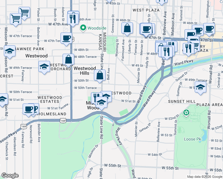 map of restaurants, bars, coffee shops, grocery stores, and more near 4965 Bell Street in Kansas City