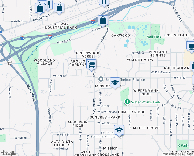 map of restaurants, bars, coffee shops, grocery stores, and more near 5880 Antioch Road in Mission