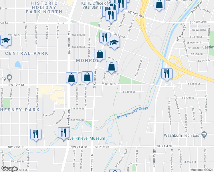 map of restaurants, bars, coffee shops, grocery stores, and more near 1528 Southeast Quincy Street in Topeka