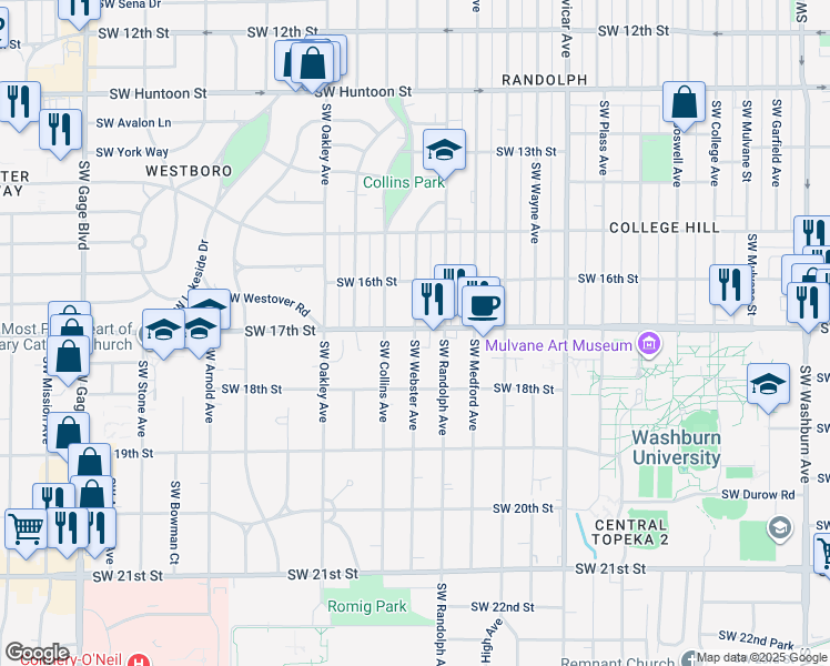 map of restaurants, bars, coffee shops, grocery stores, and more near 1625 Southwest Webster Avenue in Topeka